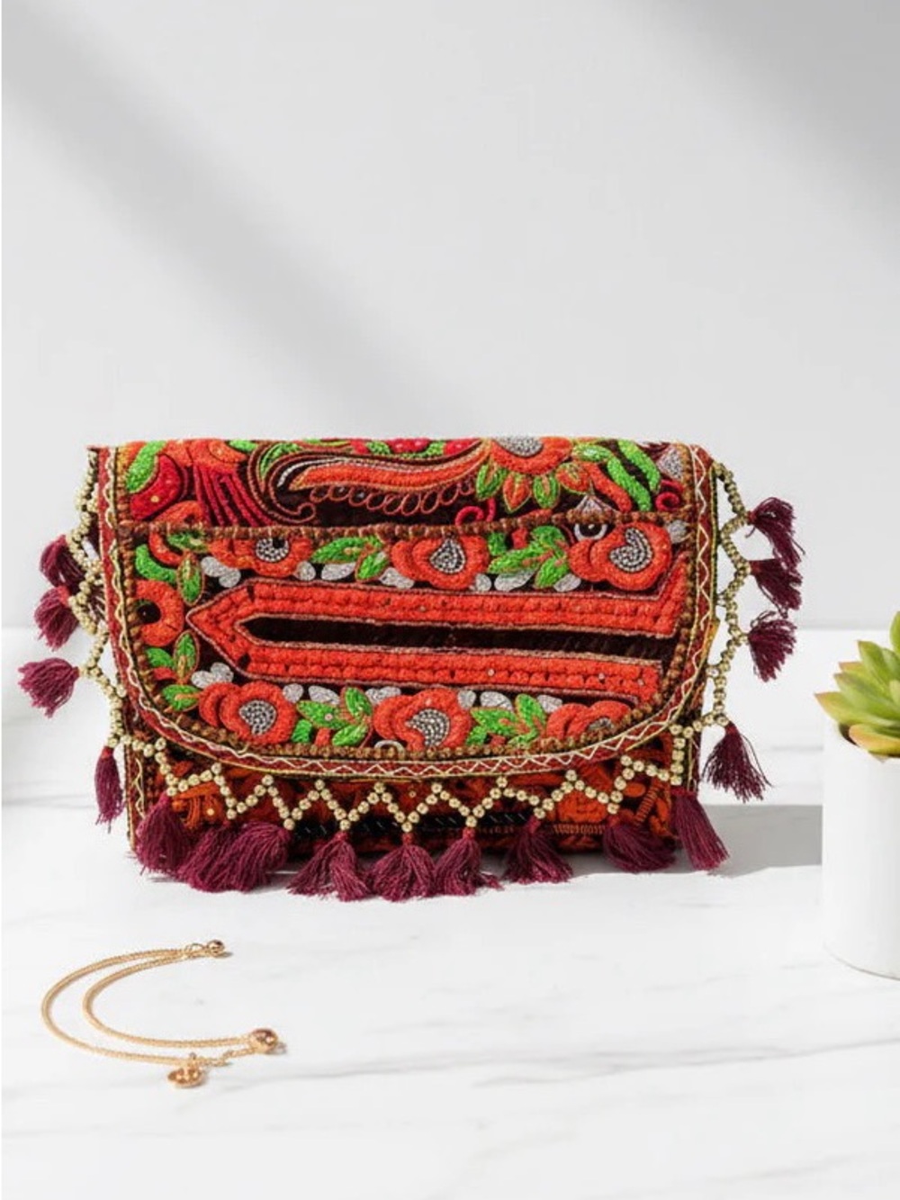 Handmade Multicolor Embroidered Beaded Banjara Shoulder/ Clutch Bag Orange Green